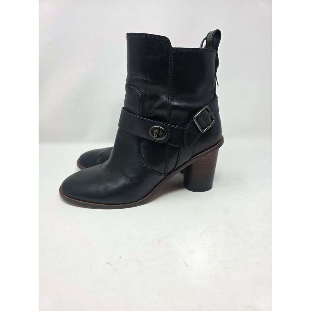 Coach Black Leather Turnlock Ankle Boots Stacked Block Heel Size 7